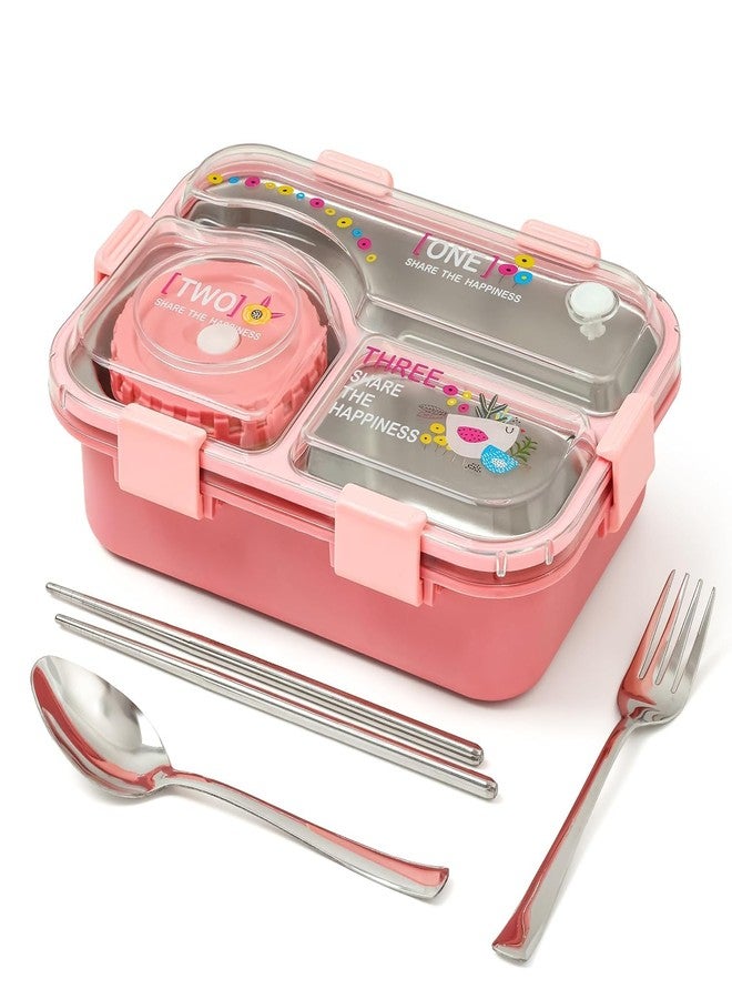 براند كونكور علبة غداء من ماركة كونكر، بثلاثة أقسام، مانعة للتسرب، مصنوعة من الفولاذ المقاوم للصدأ الخالي من مادة BPA، مناسبة للمدرسة والمكتب، مع شوكة وملعقة وزوج من عيدان الطعام (لون وردي كلاسيكي، تصميم كاواي ساحر). - Image 2